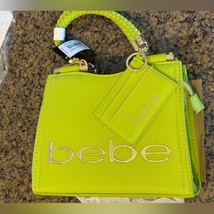 Bebe Neon Green Handbag with Gold Accents I’d credit card holder purse NWT